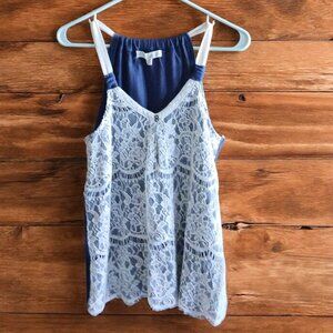 Ladies Rewind Navy Blue & White - Floral Lace Overlay Tank Top - Size Medium